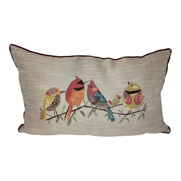 Birds On A Vine Decorative Accent Pillow Ivory Burgundy Embroidered Welt Piping - Picture 1 of 5